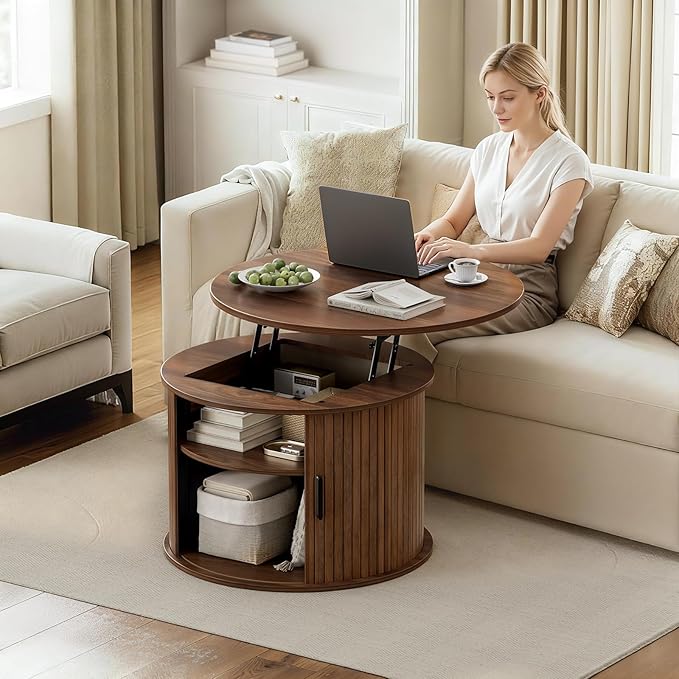 FABATO Round Lift Top Coffee Table, Fluted Wood Accent Coffee Table