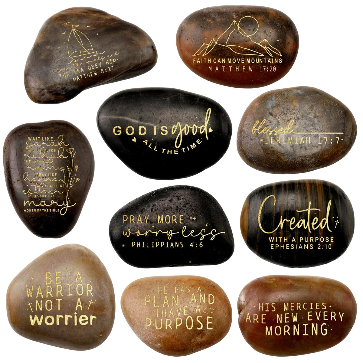 Landical 10 Pcs Bible Verses Scripture Stones Gift Christian Inspirational Rocks Engraved Stones with Prayer Words Father's Day Religious Gifts for Men Zen Group Office Home Decor(Inspiring Bible)