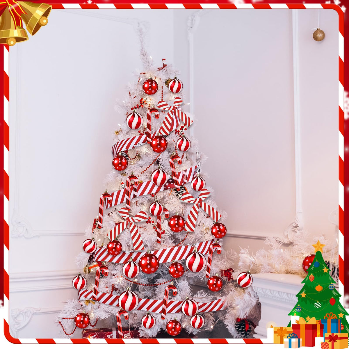Shappy 38 Pcs Christmas Tree Ornaments Sets, Candy Cane Red White Stripes Xmas Tree Hanging Decorations, Plastic Xmas Ball Variety Shapes with Ribbon New Year Holiday Party Supplies(Cute,39.4'')