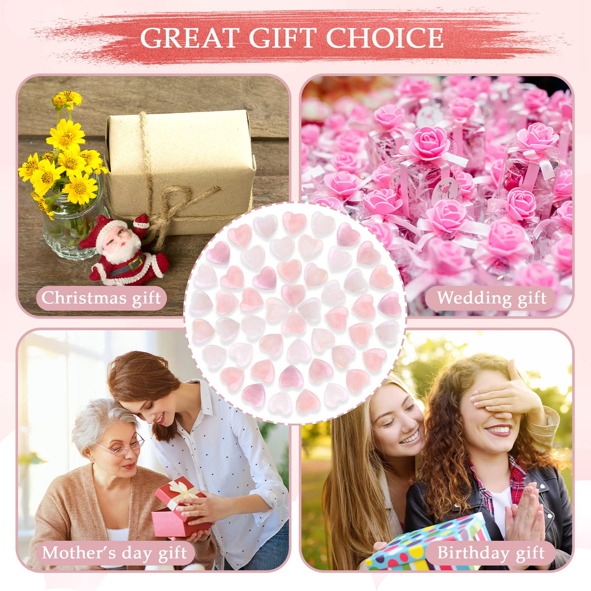 Gerrii 50 Pcs Heart Healing Stone Bulk Quartz Heart Inspirational Stones Gift for Women Love Pocket Polished Natural Energy Balancing Meditation 0.8 Inch(Rose Pink)