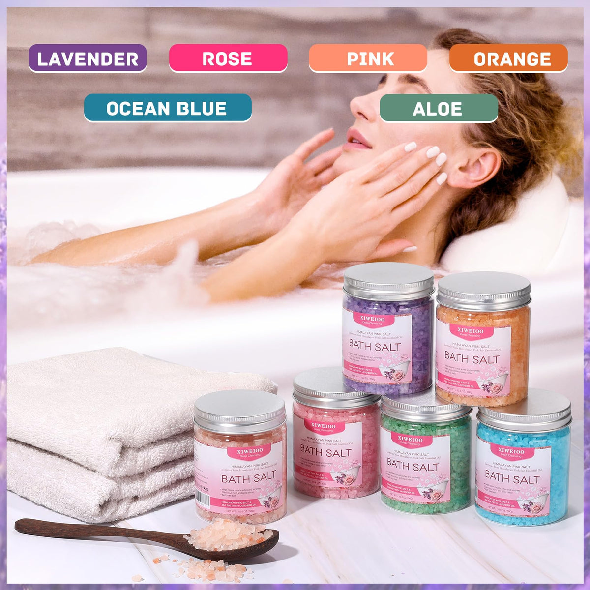 XIWEIOO 6 Pack Bath Salt KIT for Soaking Himalayan Pink Salt Lavender Orange Rose Pink Scent Epsom Salt Bubble Bath for Women Gift with Dead Sea Salt Moisturizing Skin Essential Oil