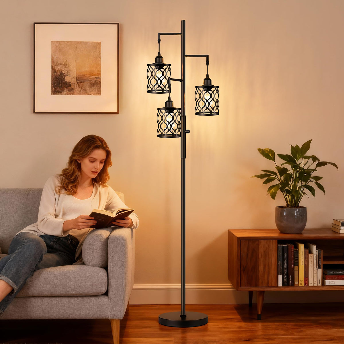 ROTTOGOON Dimmable Farmhouse Floor Lamp, Industrial Floor Lamp for Living Room with 3 X 6W LED Bulbs, 3 Light Rustic Standing Tall Lamp for Bedroom, Office, 68"
