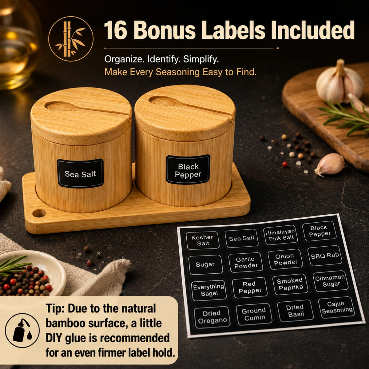 Bamboo Salt Cellar Set with Tray, 2 Salt and Pepper Cellar with Lids & Spoons, Magnetic Swivel Lid, 16 Labels, Spice Containers for Salt, Pepper, Sugar, Spices, Kitchen Countertop Organizer, 9 OZ Each