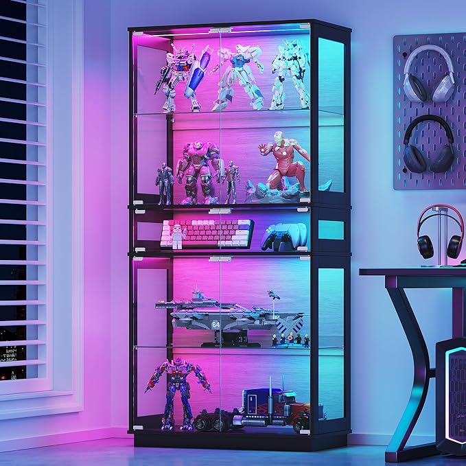 RGB Glass Display Cabinet, 5-Tier Lighted Display Case