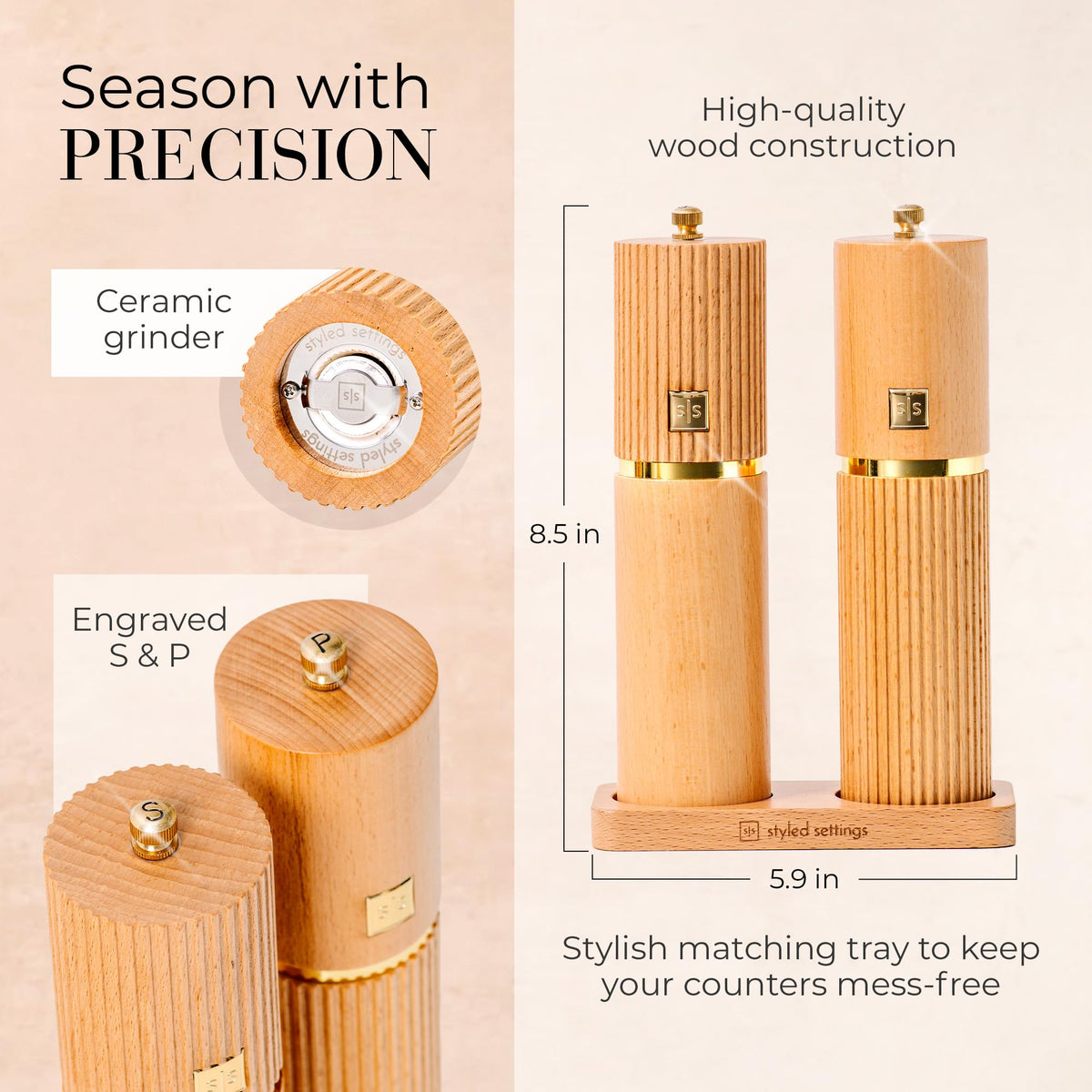 Wooden Salt and Pepper Grinder Set – Refillable Manual Salt and Pepper Mills with Adjustable Ceramic Burrs, Gold Detailing, and Wood Stand