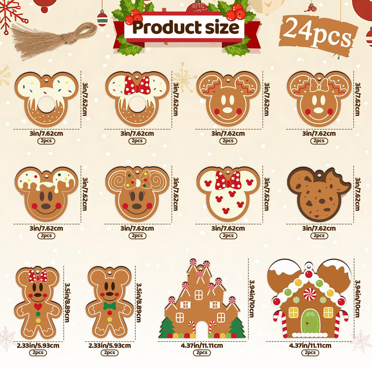 Gingerbread Ornaments for Christmas Tree Decorations, 24pcs Cute Christmas Wooden Gingerbread Man House Mouse Hanging Ornaments for Xmas Home Kitchen Decor Holiday Christmas Tree Party Supplies