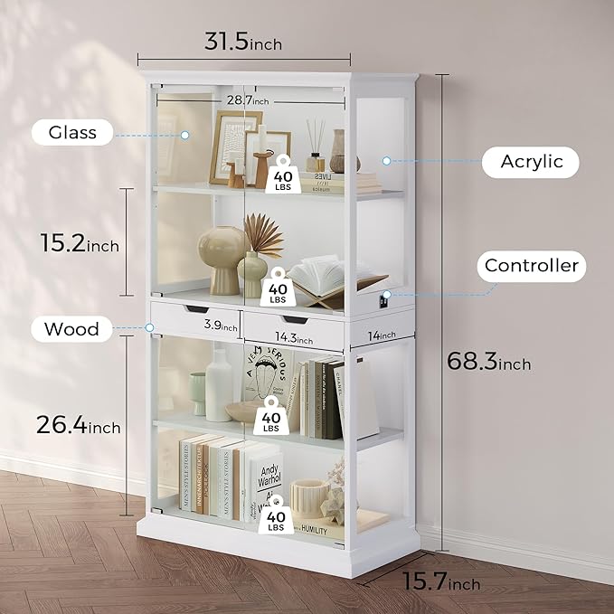 Jocoevol Display Cabinet with 4 Glass Doors, 4-Tier Modern Glass Display Case