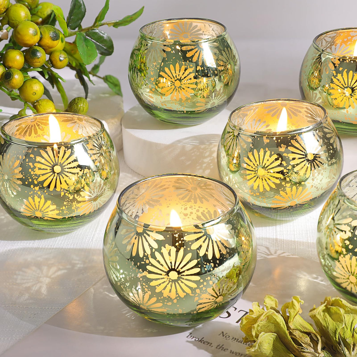 sunnyfuture Green Mercury Glass Votive Candle Holders Set of 12, Round Tealight Candle Holders Bulk for Table Centerpieces, Weddings, Shower Gifts, Christmas, Halloween Party Decorations