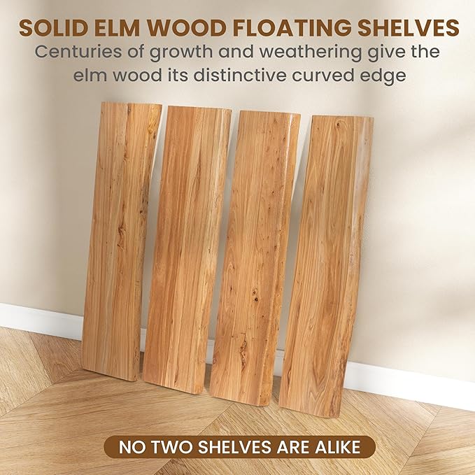 Floating Shelves for Wall Decor, Rustic Solid Elm Wood Live Edge Floating