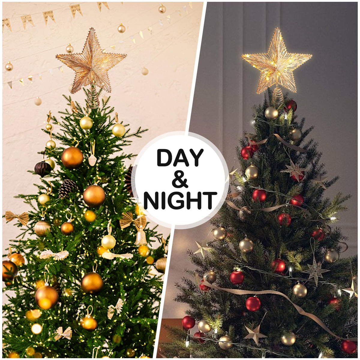 Christmas Tree Topper 10" Golden Glittered Star Tree Topper with 30 LED Lights Xmas Tree Topper Star for Xmas Decorations Ornaments Holiday Party Indoor Decor