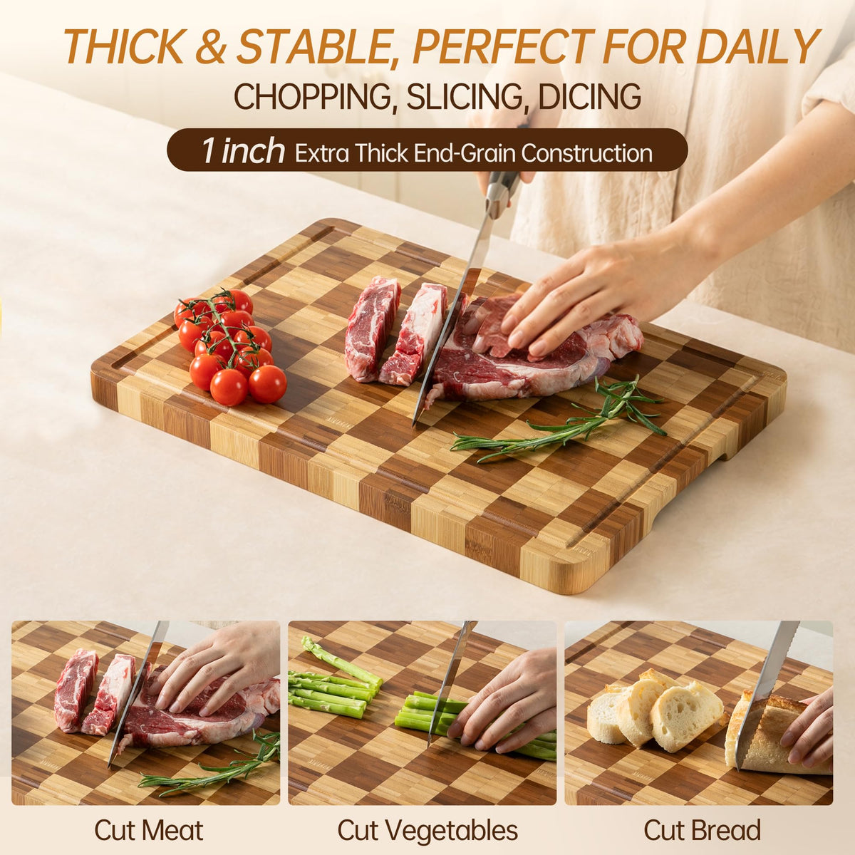 Bamboo Cutting Boards for Kitchen, End Grain Wood Cutting Board with Juice Grooves & Handles, Charcuterie Checkered Chopping Board Thick Butcher Block Serving Tray with Gift Box, 16.5"×11.6"× 1"