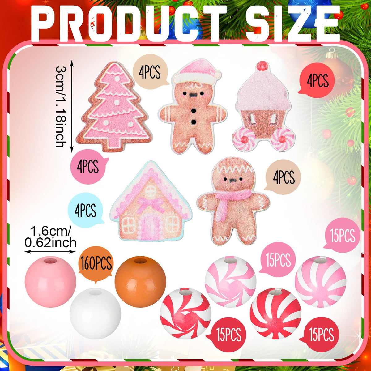 Cinnvoice 240 Pcs Christmas Wooden Beads Bulk for Craft Jewelry Making Round 16mm Santa Peppermint Swirl Beads for DIY Garland Holiday Tiered Tray Tree Decor(Gingerbread,Pink)