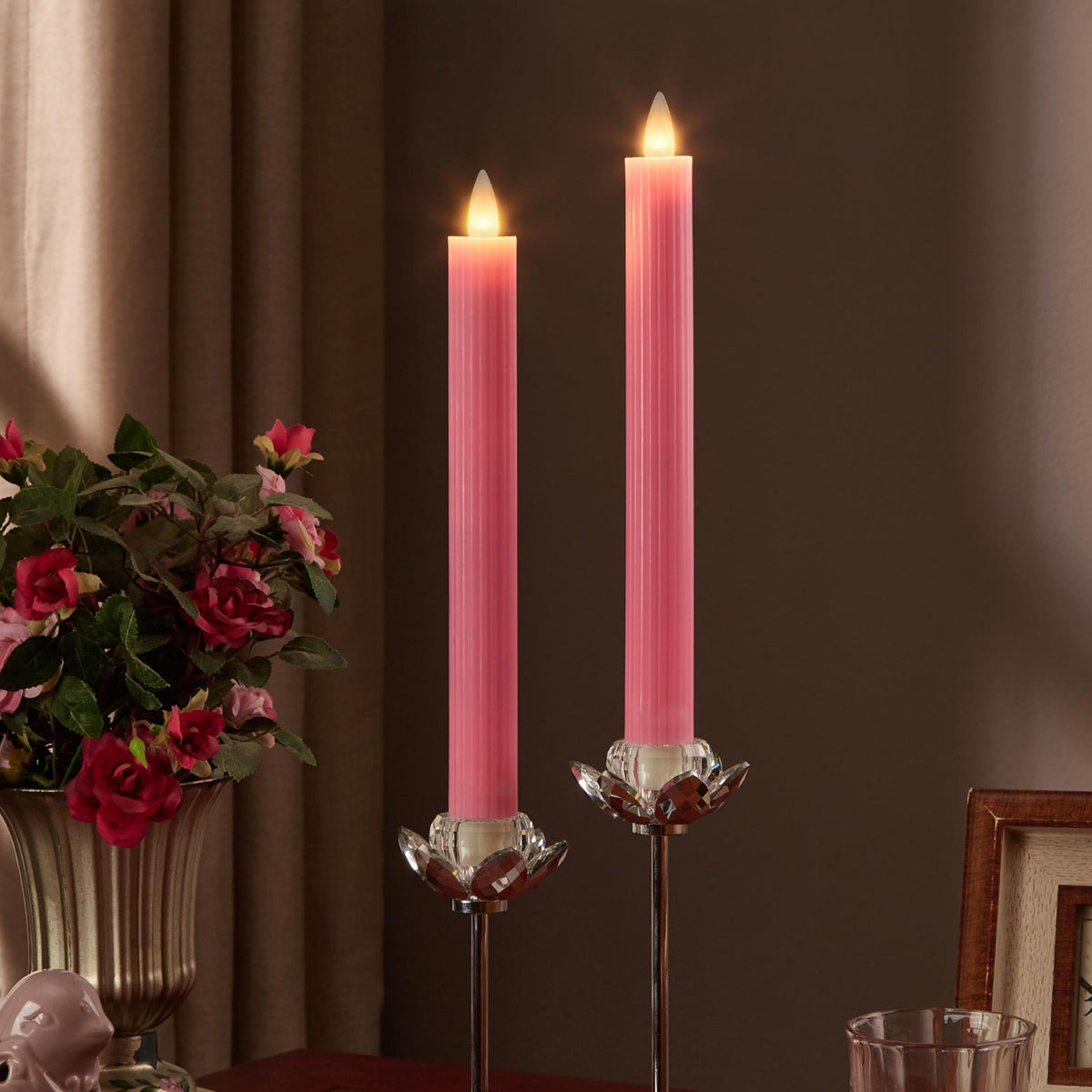 CozierGlow Flameless Taper Candles Flickering with Remote and Timer, 3D Moving Flame Taper Candle Battery Operated to 400 Hours, 9 Inch Window Candles, (Pink-Vertical Stripes)