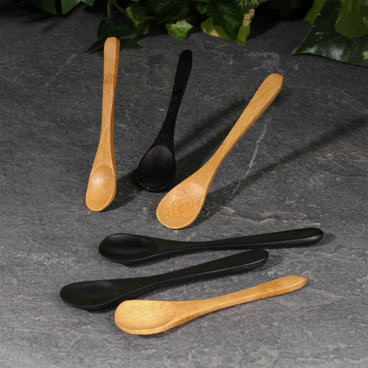 BambooMN Bamboo Serving Spoons, Mini Salt Sugar Spoon, Tiny Wooden Spoons for Spices, Black Oval 3.5", 10 Pieces