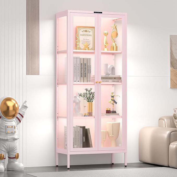 UNICOLY Display Cabinet with Glass Doors, Glass Display Cabinet with 8 Color