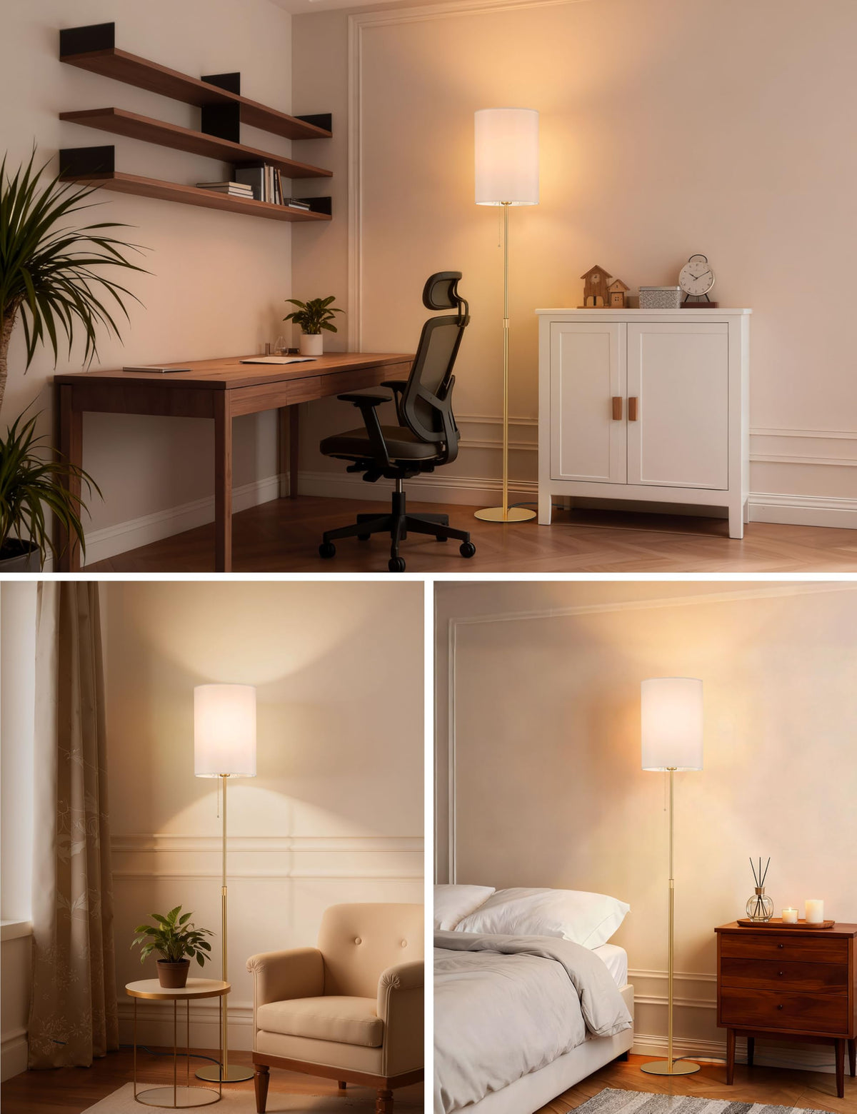 Tubicen Slim Floor Lamp Gold Fabric Tall Lamp with Pull Chain Dimmable Thin Standing Light 61" Adjustable Mid Century Modern Narrow Floor Lamp for Living Room Bedroom Office