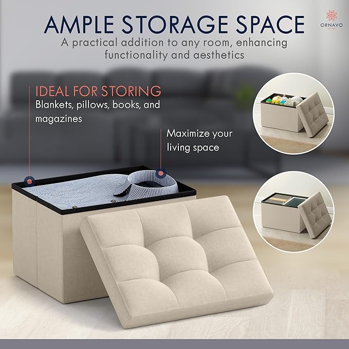 Ornavo Home Small Storage Ottoman Foldable Collapsible Rectangle Linen Ottoman