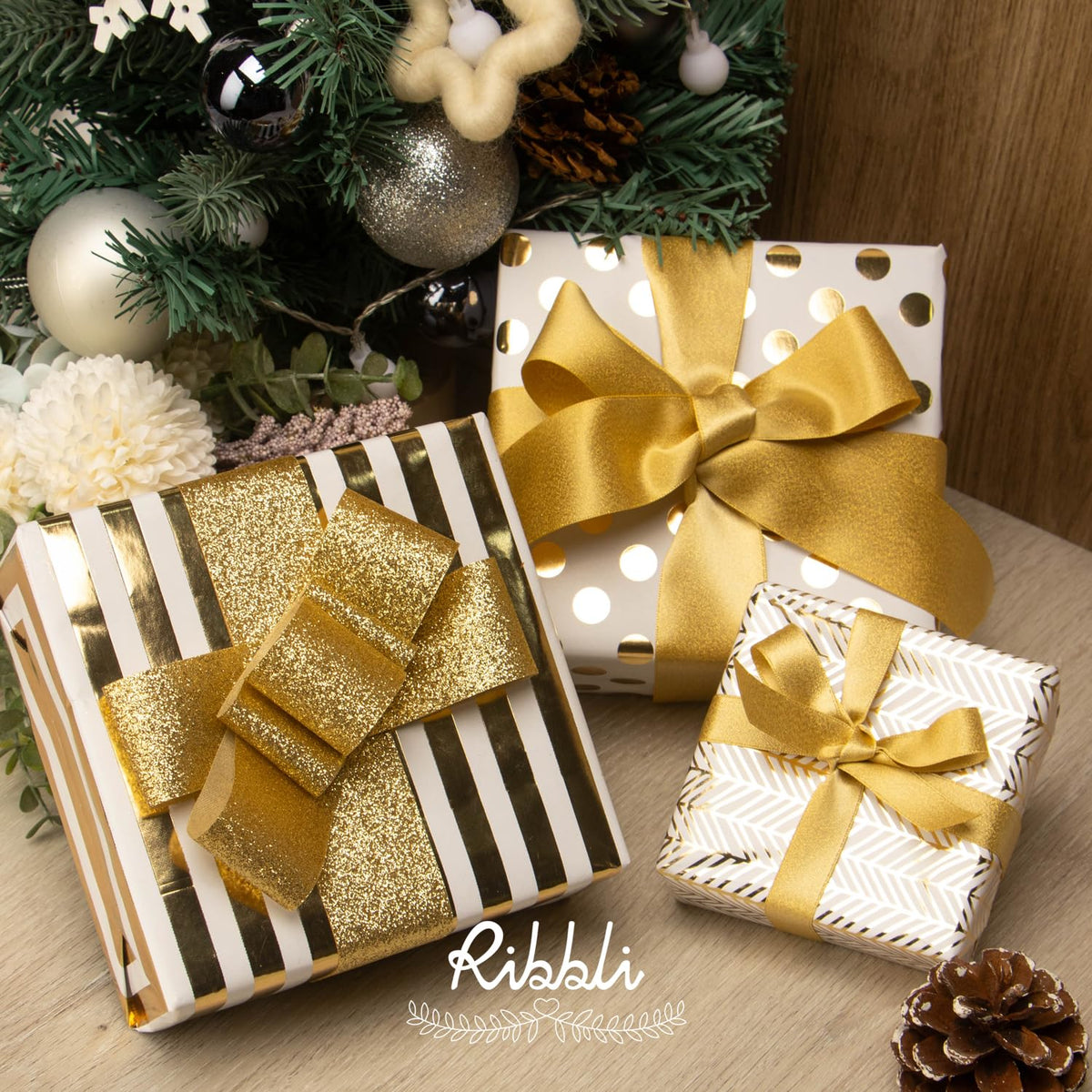 Ribbli Birthday Wrapping Paper White and Gold Gift Wrapping Paper for Christmas Mini Roll, 3 Rolls Polka Dots Stripes Geometry Pattern with Gold Foil - 17 inch x 120 inch(10feet) Per Roll