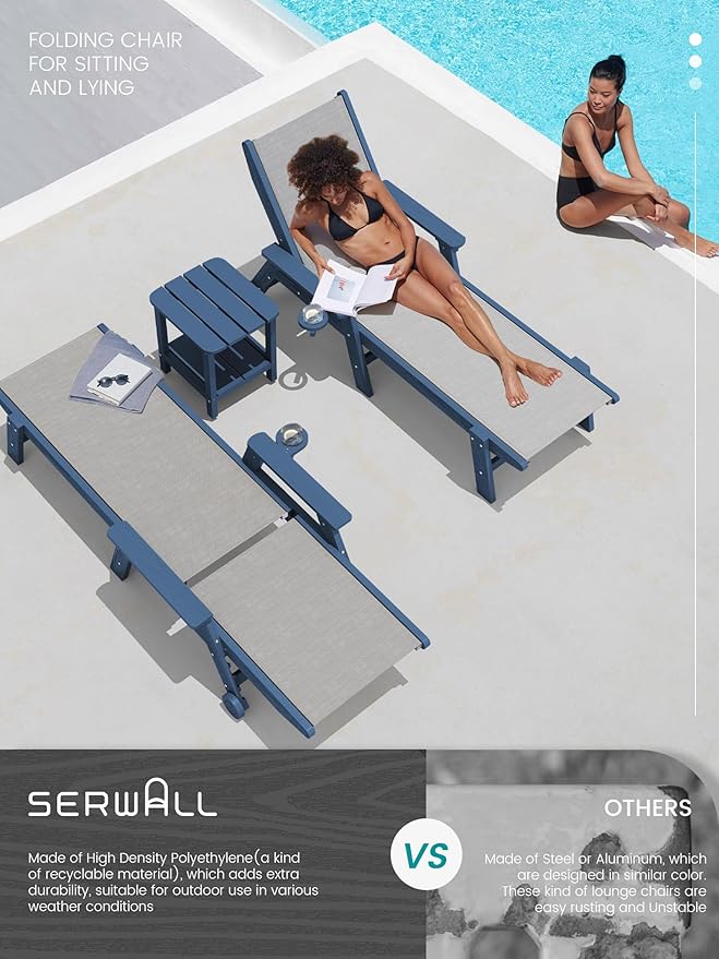 SERWALL Textilene Patio Chaise Lounge Chair, 5 Positions Adjustable Outdoor