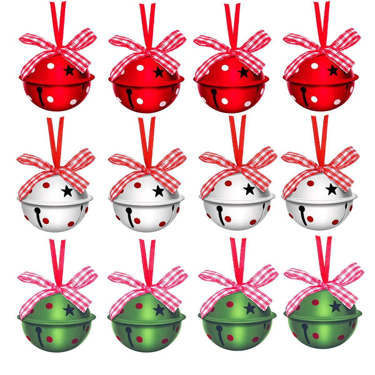 24 Pcs Christmas Jingle Bells 2" Star Cutouts Metal Decorative Bells with Ribbons Xmas Tree Ornaments for Wreath Festival Crafts Home Decorations