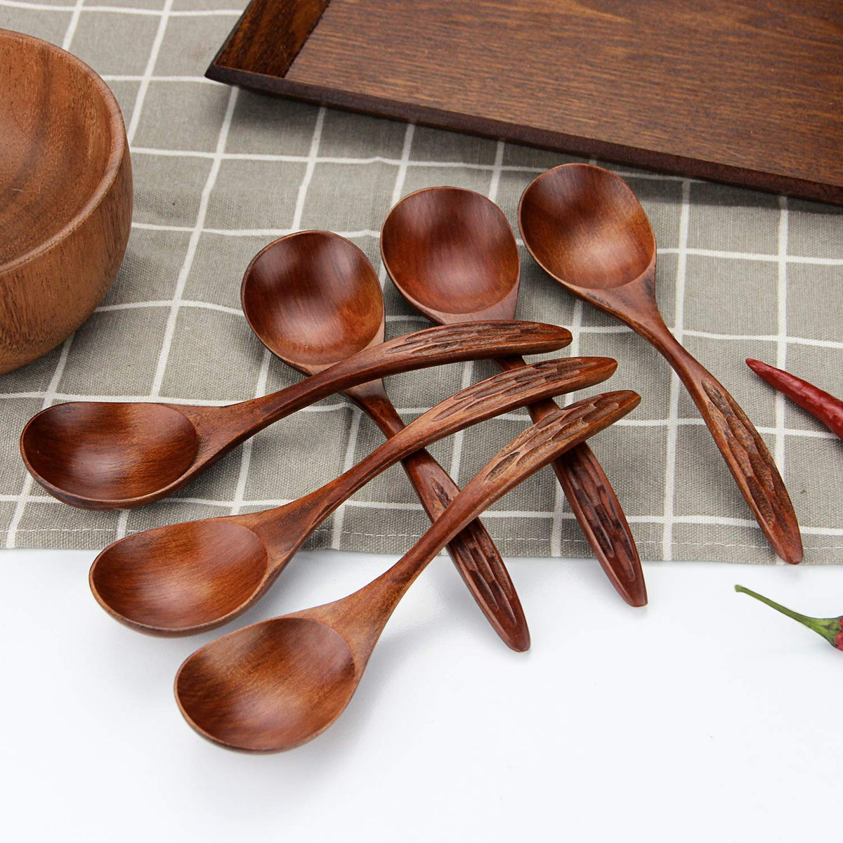 IQCWOOD Wooden Soup Spoons, Magic Wooden Spoons for Eating, 6 Pieces 6.8 inch Asian Soup Spoon for Salad Desserts, Coffee, Snacks, Cereal, and Fruit
