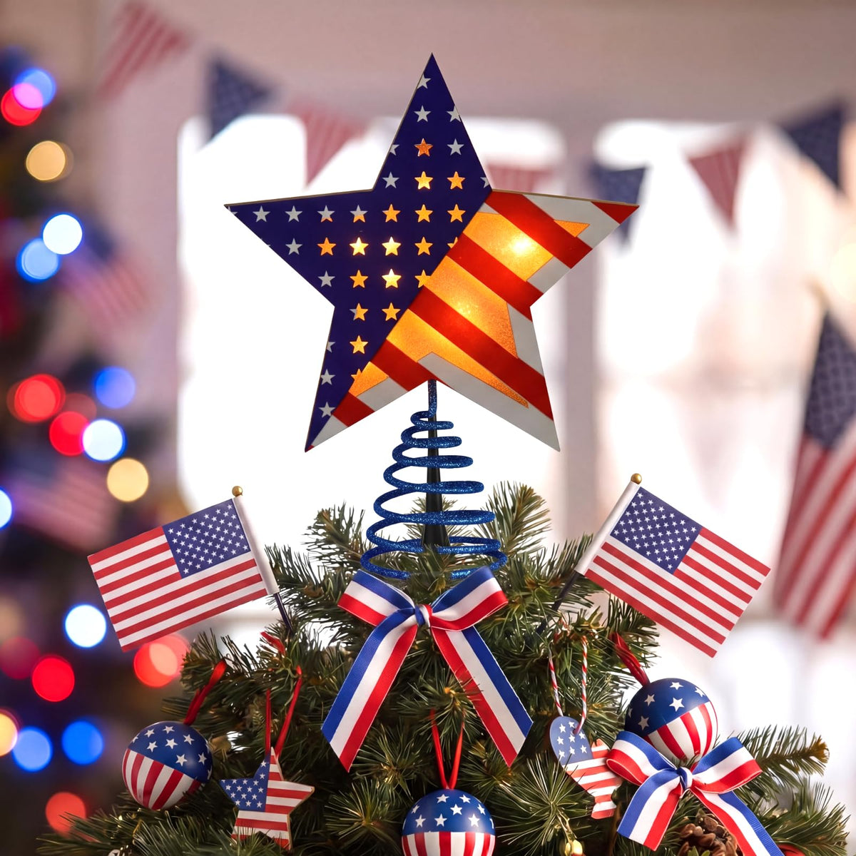 Craftsatin 9.2 Inch 4th of July Tree Topper Wooden Red White and Blue Patriotic 250th Star Tree Topper Happy Independence Day with LED Light for Party Decoration Tabletop Display Birthday Gift