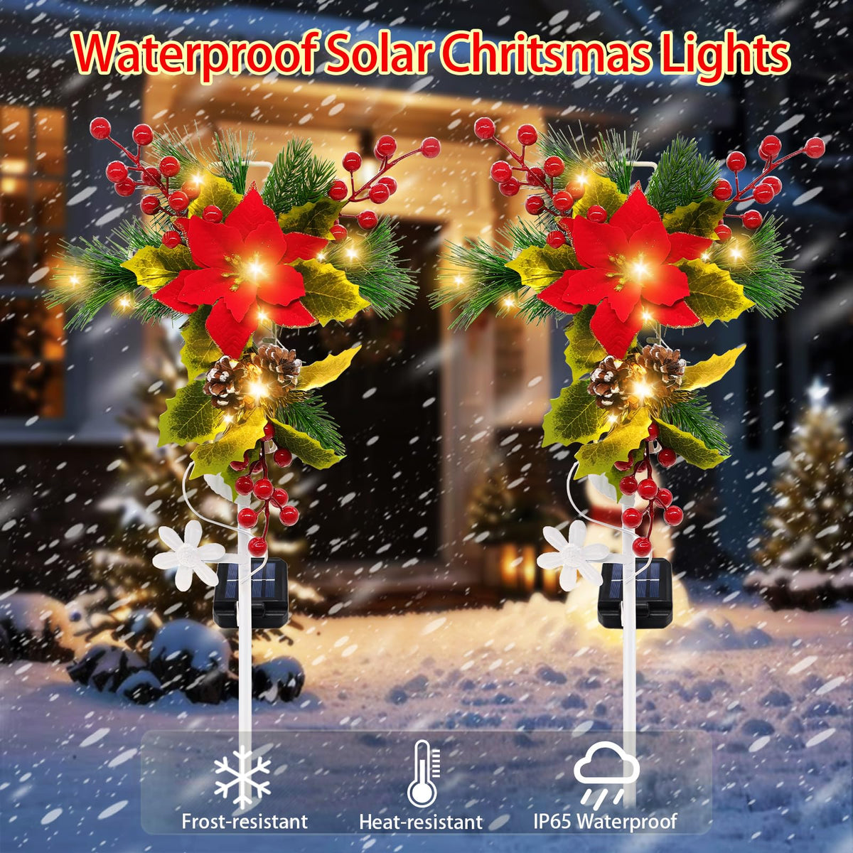 stadeco Solar Christmas Decorations Outdoor, 32 Inch Solar Christmas Cross Stake Lights, Waterproof Grave Decorations with Poinsettia Flower Pinecones Red Berries for Garden Yard Patio Lawn Cemetery