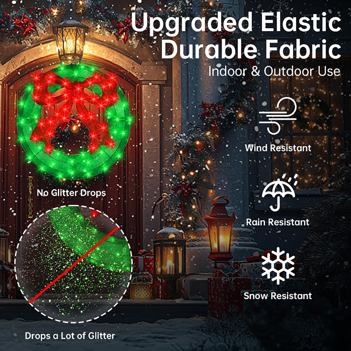 Outdoor Christmas Wreath Decoration - 24" Bright LED Christmas Wreath Lights with Bow, Large Lighted Christmas Wreaths Window Lights for Wall, Windows, Front Door Decor, Red Bow - Green Wreath