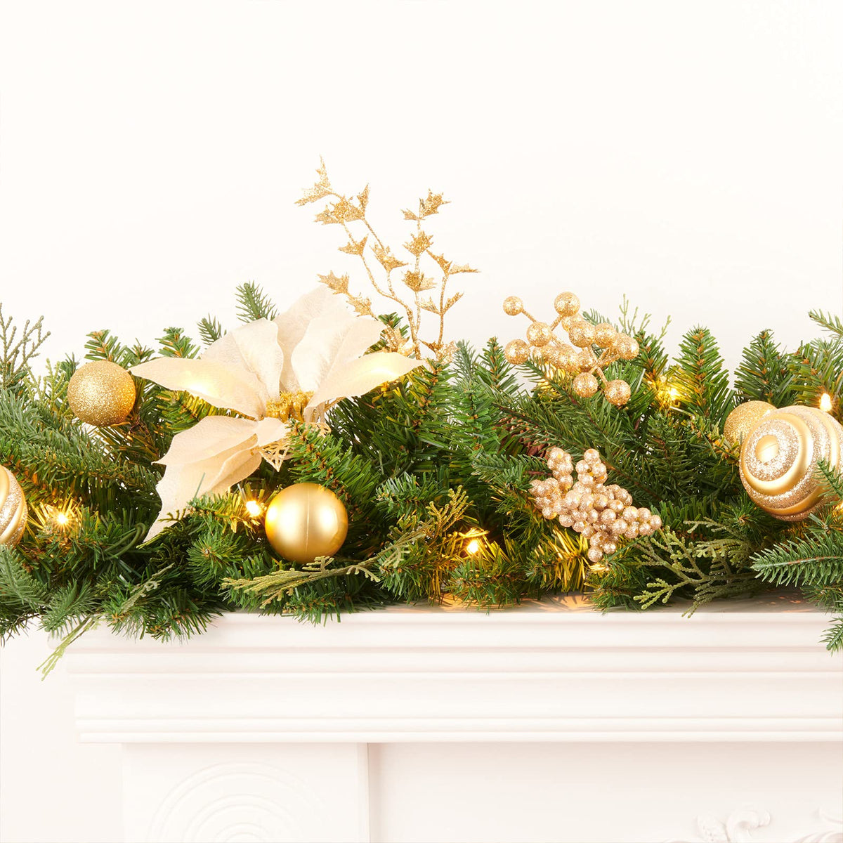 AMERZEST Pre-lit 9ft Christmas Garland with Gold Berries and Balls,Pine Cone,Golden Flower and 50 Battery Operated Soft White LED Lights with Timer,Artificial Holiday Decoration Door Outdoor