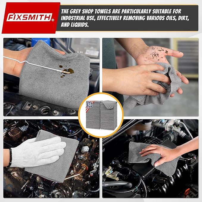 FIXSMITH Microfiber Cleaning Cloth, Shop Towels Bulk, 24 Pack Grey Microfiber