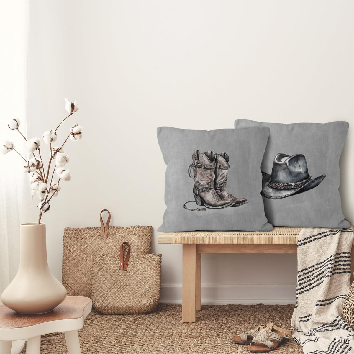VRW Western Cowboy Hat Boots Throw Pillow Covers Set of 2, Classroom Pillow Covers, Rustic Grey Pillow Covers for Farmhouse Decor, Pillowcase for Western Home Decor Rustic, Western Gifts, 18x18