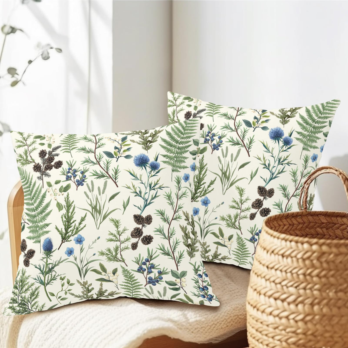 Barneova Spring Summer Pillow Covers 22x22 Inch Set of 2 Green Floral Botanical Decorative Outdoor Throw Pillows Farmhouse Flower Pillowcases Cotton Linen Cushion Covers for Couch Sofa Bed Home Decor