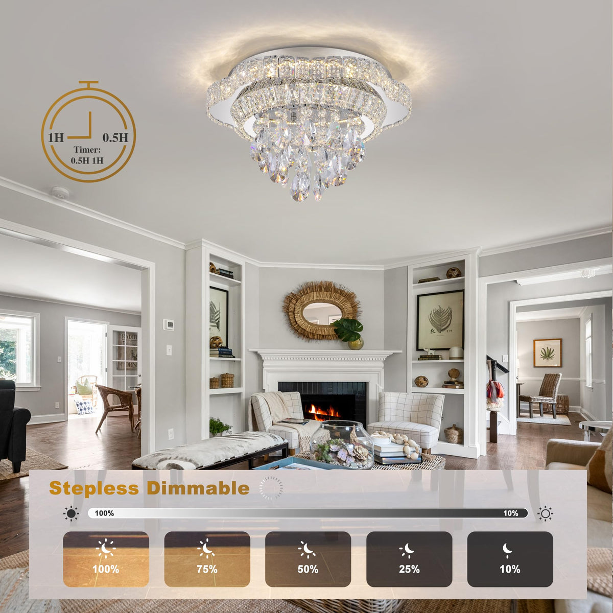 Kuailkag Silver 18" Modern Flush Mount Chandelier for Bedroom, LED Crystal Ceiling Light Over Table,Elegant Dining Room Lighting Fixture with Remote Control, 3CCT Dimmable