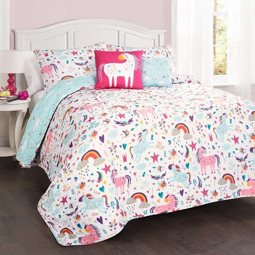 Lush Decor Unicorn Heart 4 Piece Quilt Bedding Set, White/Multi, Twin