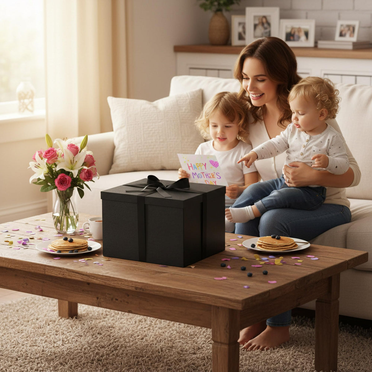 Rinrda Extra Large Gift Box,15x12x10 Inches Black Gift Boxes with Lids for Presents,10-inch Deep Box for Birthday Valentine's Day Graduation Anniversary.Contains Card Ribbon Shredded paper