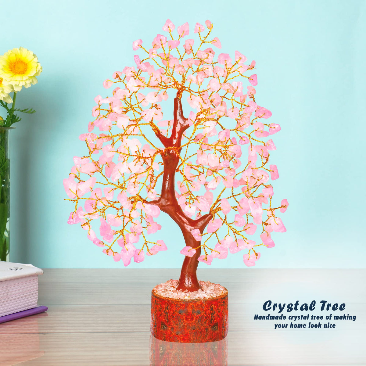 Rose Quartz Feng Shui Crystal Tree - Pink Spiritual Decor - Gemstone Bonsai Tree - Positive Energy Pink Desk Accessory