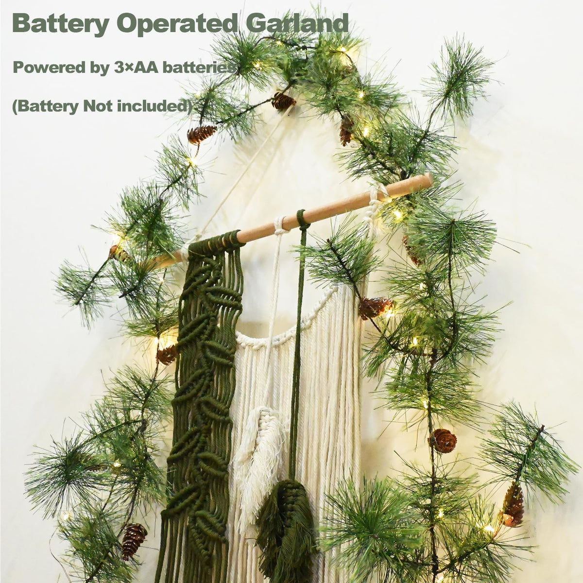 PALONMY Christmas Garland with Lights 6.56 FT Smokey Pine Garlands with 30 LED Fairy Lights Battery Operated Garland Lights with Pine Cones Artificial Greenery Garland Christmas Pre-lit Light for Home