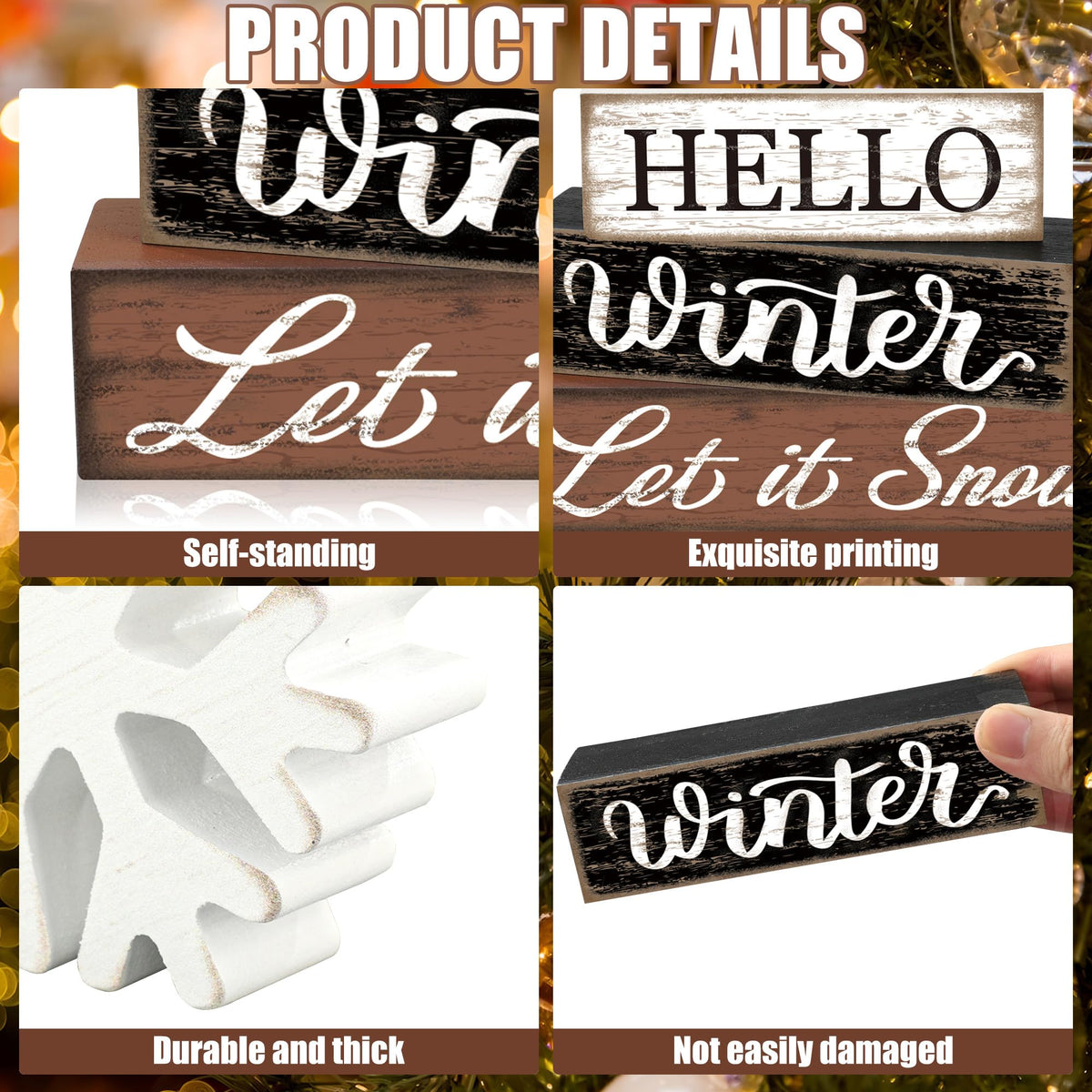4 Pcs Winter Snowflake Wooden Table Block Sign Christmas Tiered Tray Decor Hello Winter Wood Tabletop Centerpiece Let it Snow Rustic Farmhouse Table Decorations for Xmas Holiday Home Shelf Party Decor