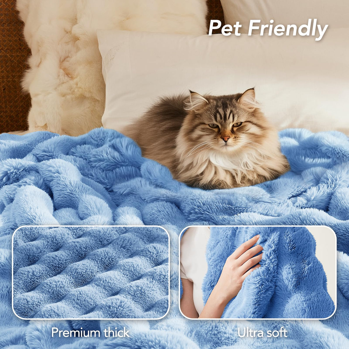 L'AGRATY Faux Fur Throw Blanket: 50" x 60" Luxury Soft Fluffy Rabbit Fur Blankets Twin for Couch Bed Sofa - Cozy Plush Bubble Blankets for Winter: Flannel Fleece Decorative Blanket(Airy Blue)