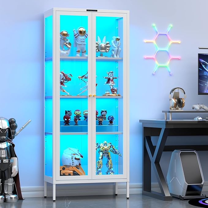 UNICOLY Display Cabinet with Glass Doors, Glass Display Cabinet with 8 Color
