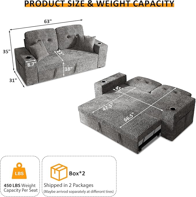 63 Inch Sleeper Sofa Bed, 3 in 1 Pull Out Couch Bed