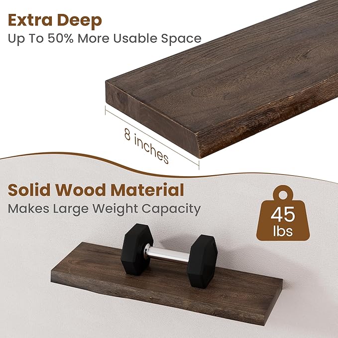 Floating Shelves for Wall Decor, Rustic Solid Elm Wood Live Edge Floating