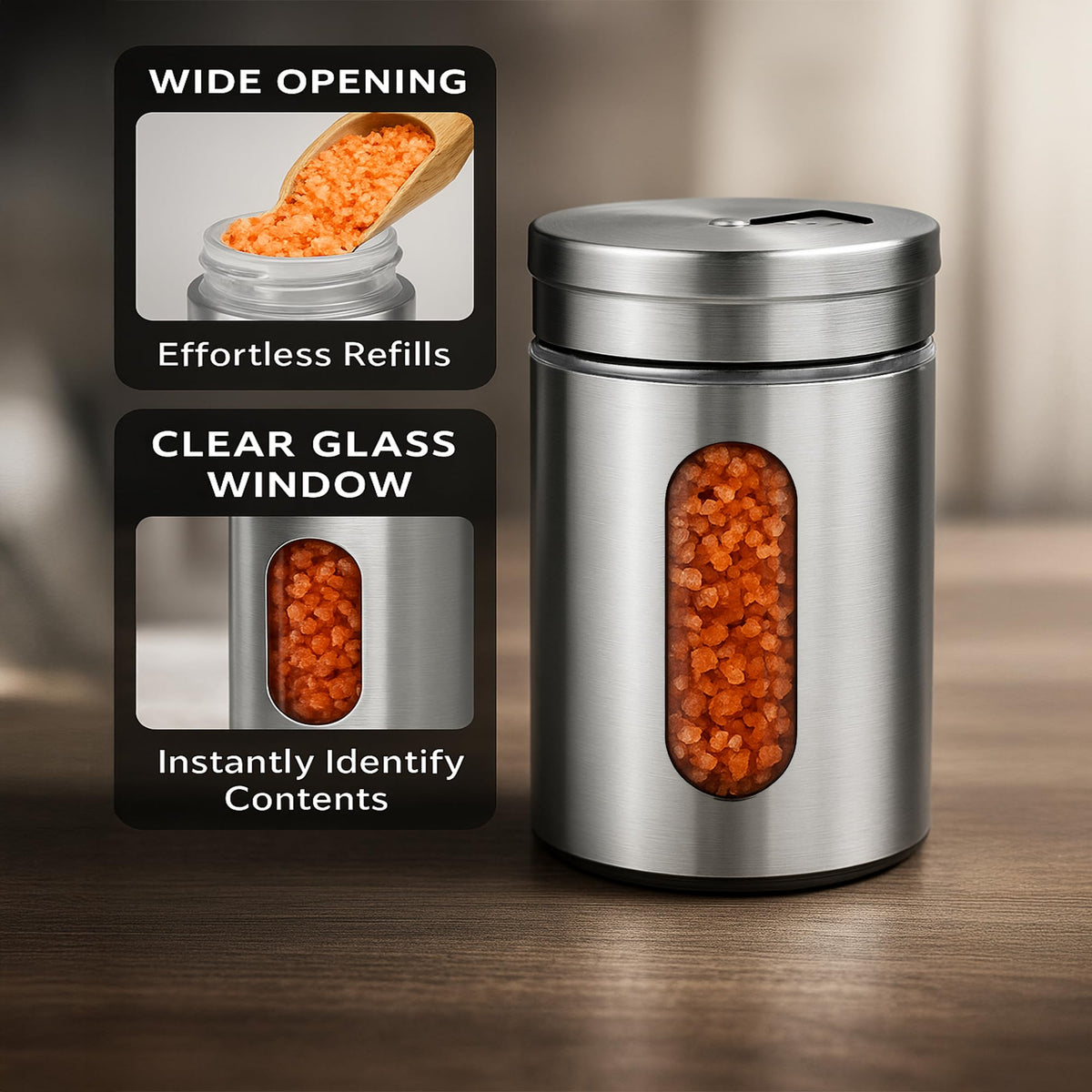 GOOHERA 4-Piece Salt and Pepper Shakers Set, 100mL (3.38oz) Each – Premium Stainless Steel Spice Dispensers with Adjustable Pour Holes – SILVER