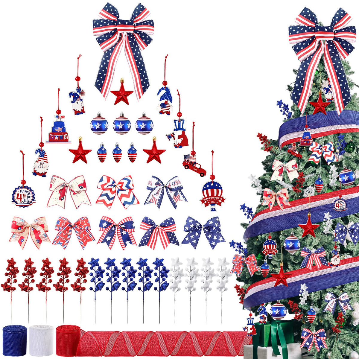 43 Pcs 4th of July Patriotic Tree Decorations Independence Day Christmas Tree Ornaments Ribbon Bow Topper Red White and Blue Hanging Ornaments for National Memorial Day Party