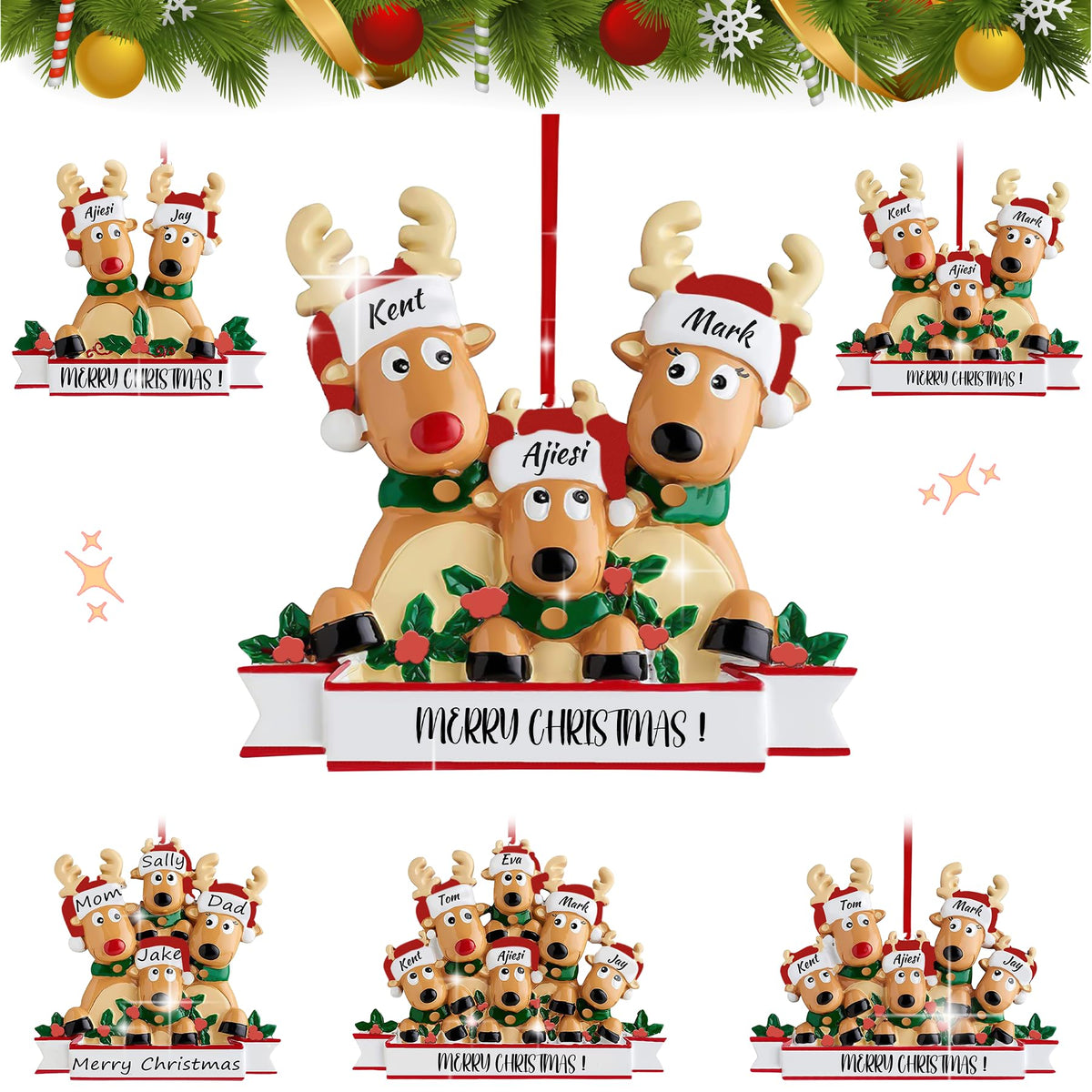 Personalized Reindeer Christmas Ornaments 2025, DIY Resin Elk Deer Family Ornaments with Custom Name, Tree Decorations, 3D Customized Christmas Ornament Gifts (Family of 3)