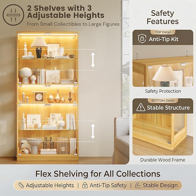 Display Cabinet with Glass Doors & LED Lights, 5 Tier Lighted Display Case