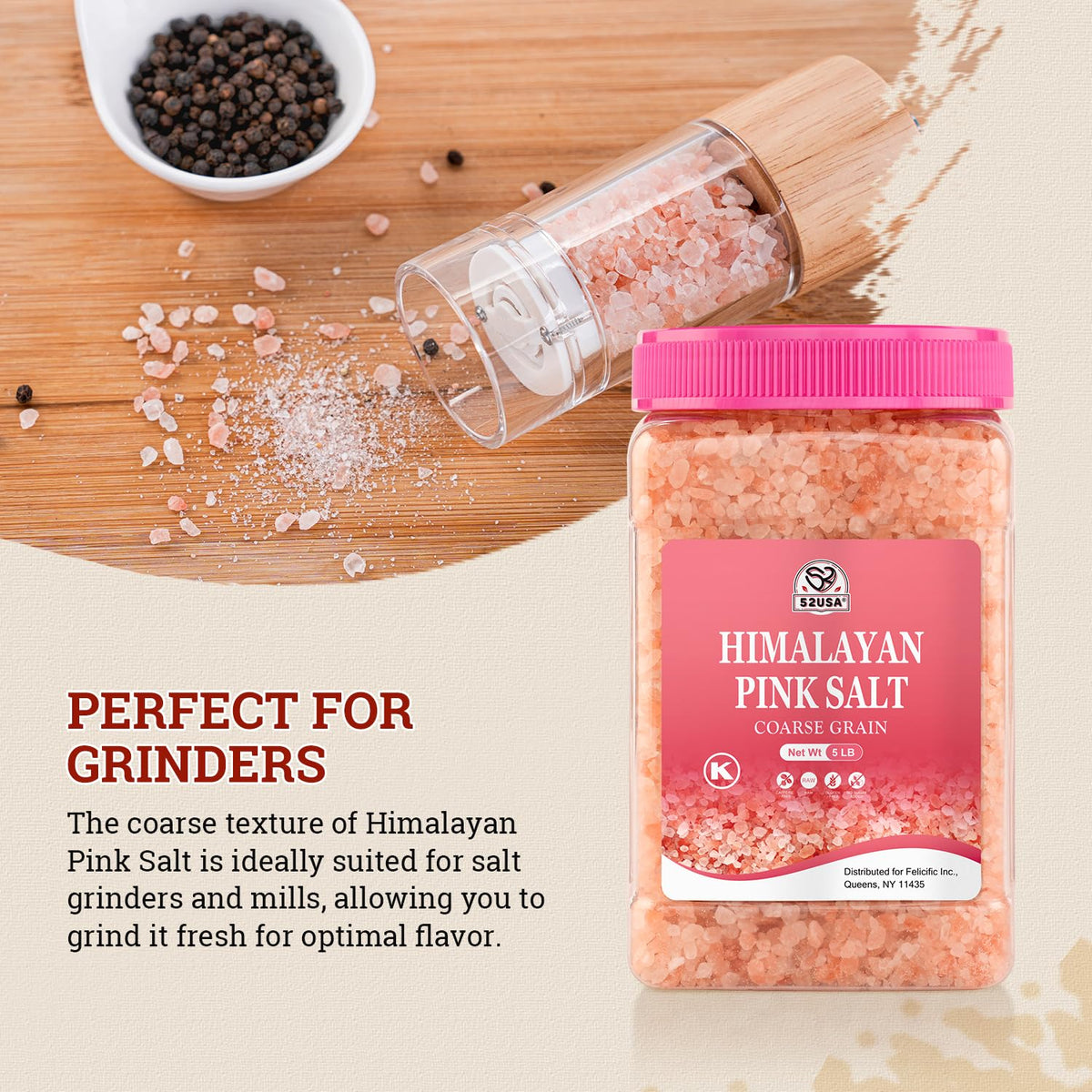 52USA Himalayan Pink Salt Coarse, Pink Salt Coarse for Grinder, 80oz (5 Pound), 100% Real, Pure, Unrefined Himalayan Pink Salt, Pink Himalayan Sea Salt