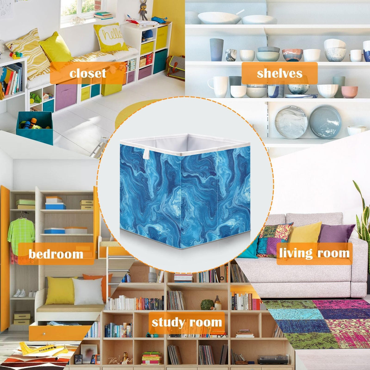 senya Large Storage Bins Blue Pigment Collapsible Foldable Storage Cubes Fabric Basket Closet Organizer Containers Box for Home Bedroom Office 15.7 x 10.6 x 6.9in
