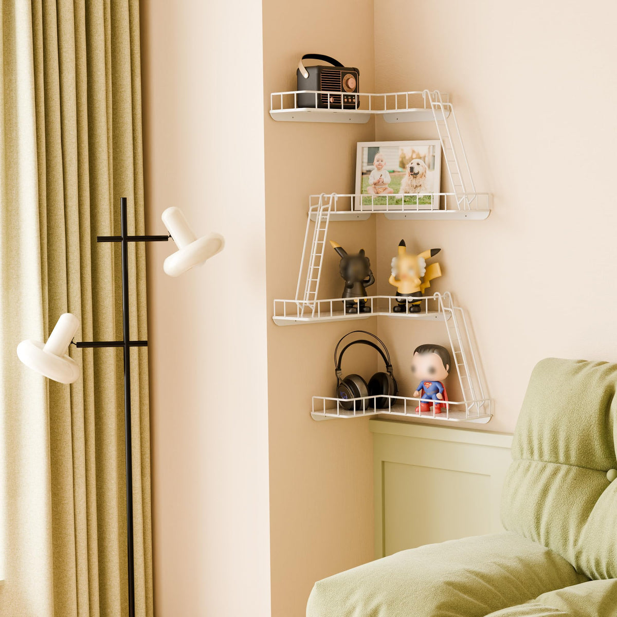 WOPITMER Fire Escape Wall Shelf - Modern City Style 4-Tier Corner Wall Shelves, Easy to Install Metal Ladder Shelf for Figures, New York Decorative Shelves for Bathroom, Living Room & Home Decor,White