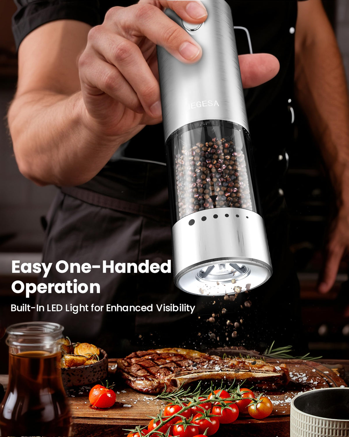Electric Salt and Pepper Grinder Set with Rechargeable Base - Automatic Refillable Electric Salt and Pepper Shakers with Large Capacity, LED Light & Adjustable Coarseness, Stainless Steel